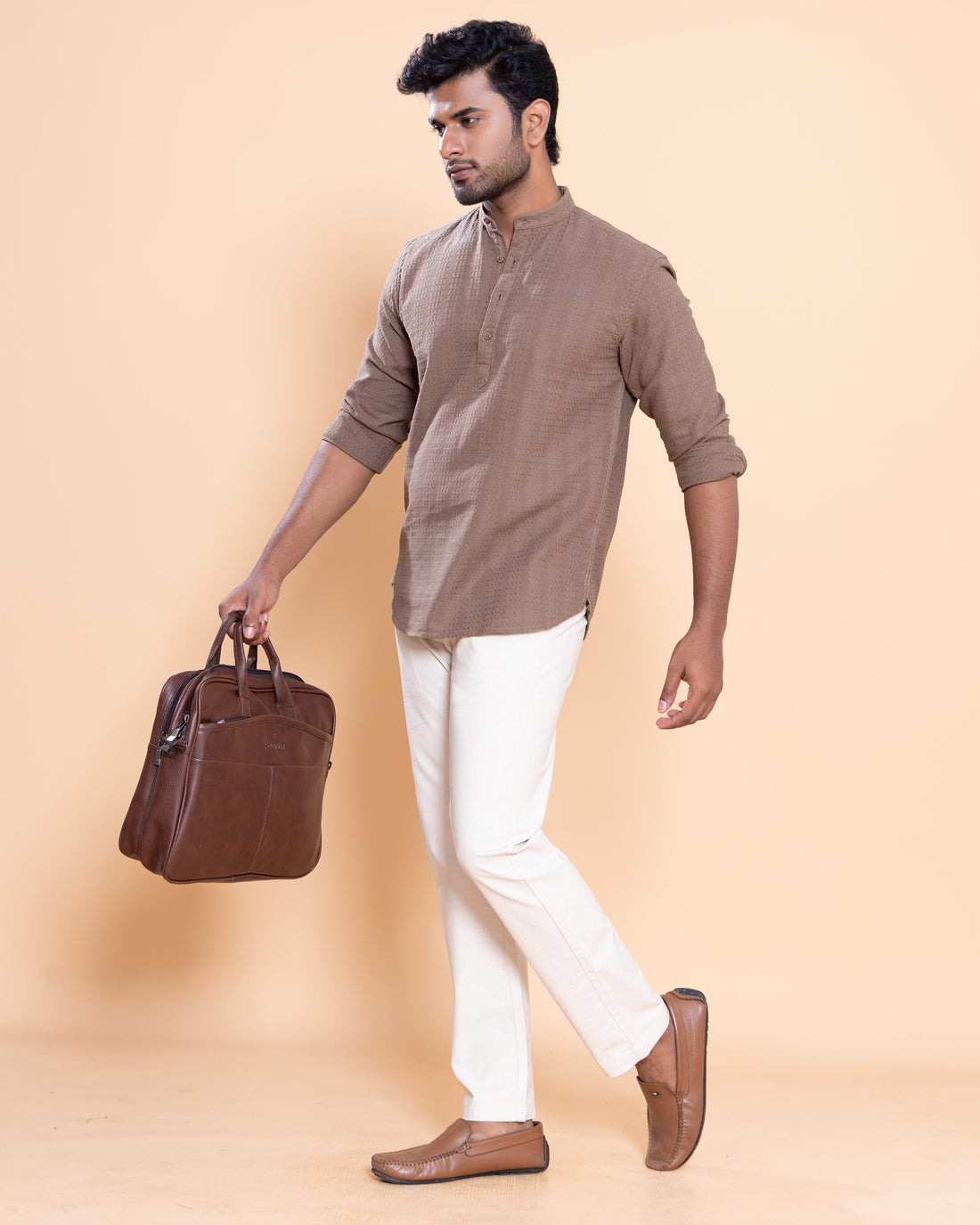 Nativebull Men Textured Full Sleeve Cotton Shirt - Brown