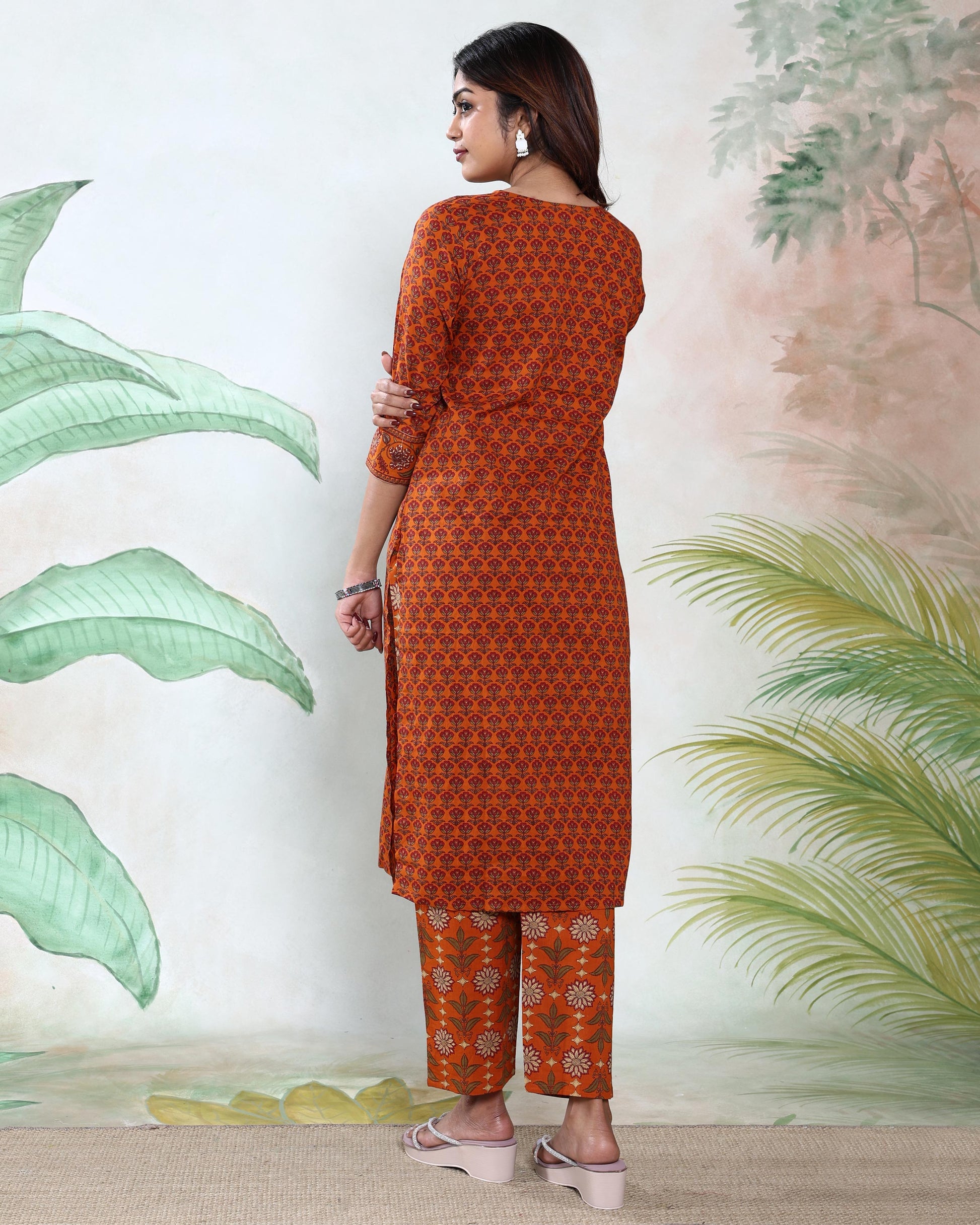 Women’s Printed Readymade Salwar Suit Set with Straight Kurta Matching Pants and Dupatta, Orange