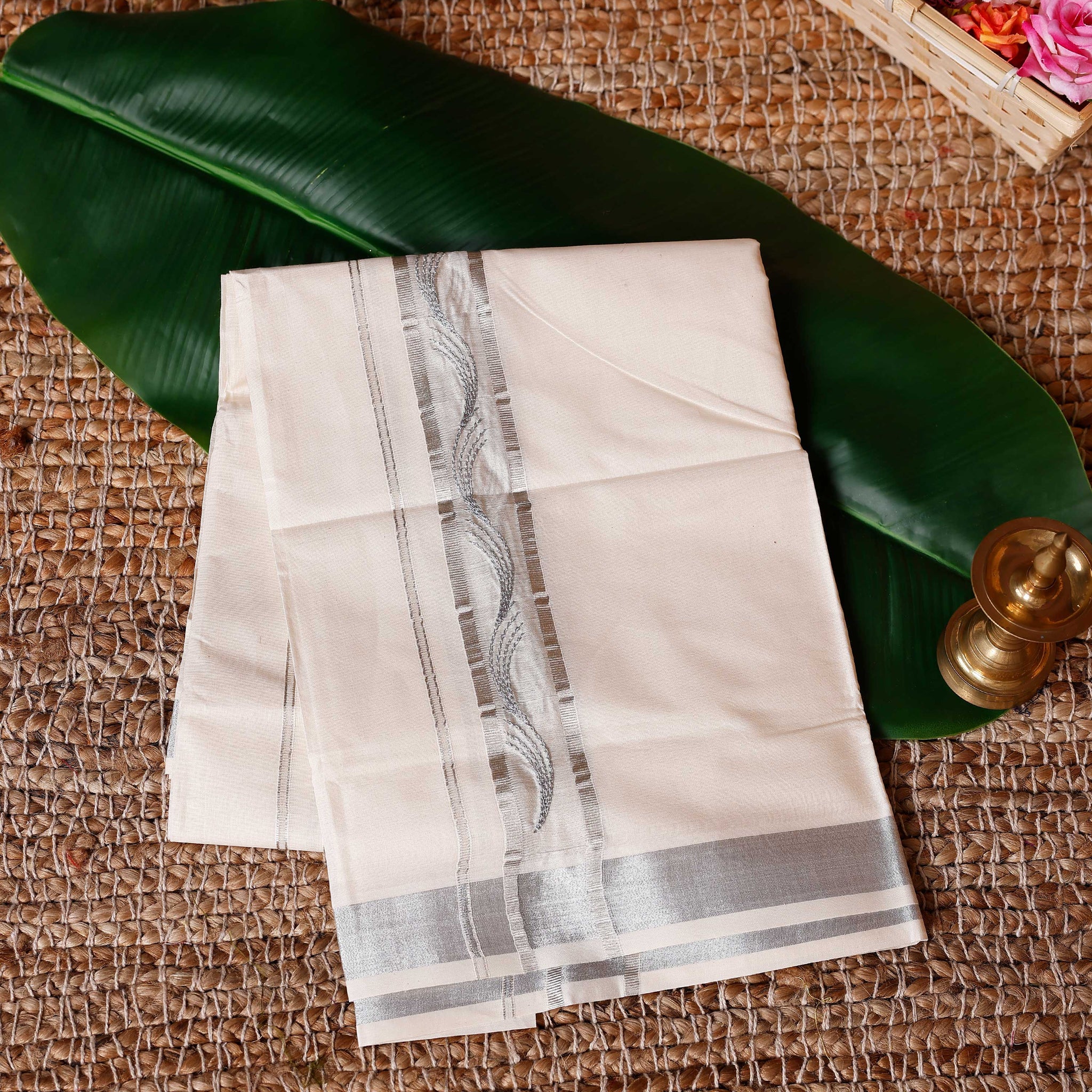 Traditional Handwoven Cotton Dhoti with Silver Color Border and Elegant Finish - Off White