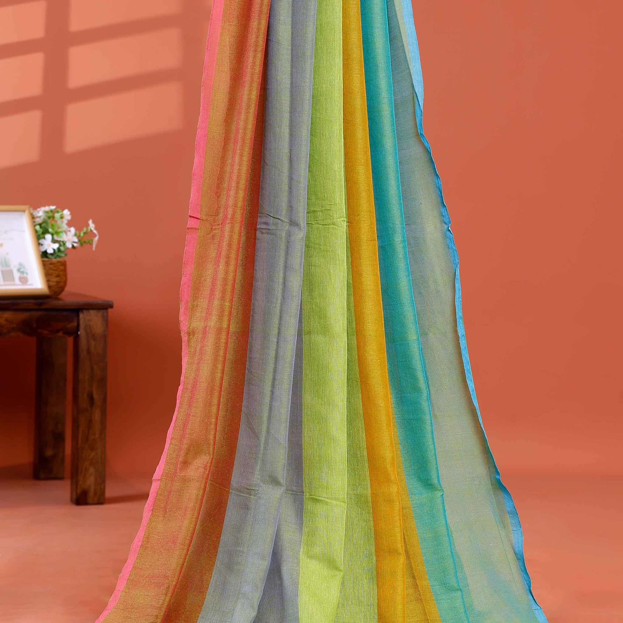 Handwoven Mul Mul Cotton Saree with Bold Striped Pattern and Tassel Detailing – Multi