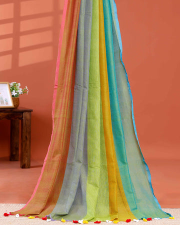 Handwoven Mul Mul Cotton Saree with Bold Striped Pattern and Tassel Detailing – Multi