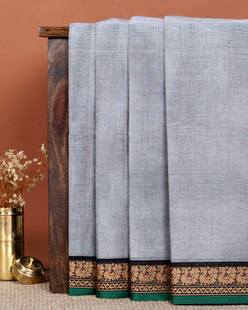 Classic Handloom Chettinad Cotton Saree with Plain Body Traditional Woven Contrast Border - Grey