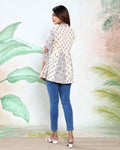 Women’s Leaf Print Collared A-Line Kurti with 3/4th  Sleeves and Button-Down Front, Light Yellow Back View