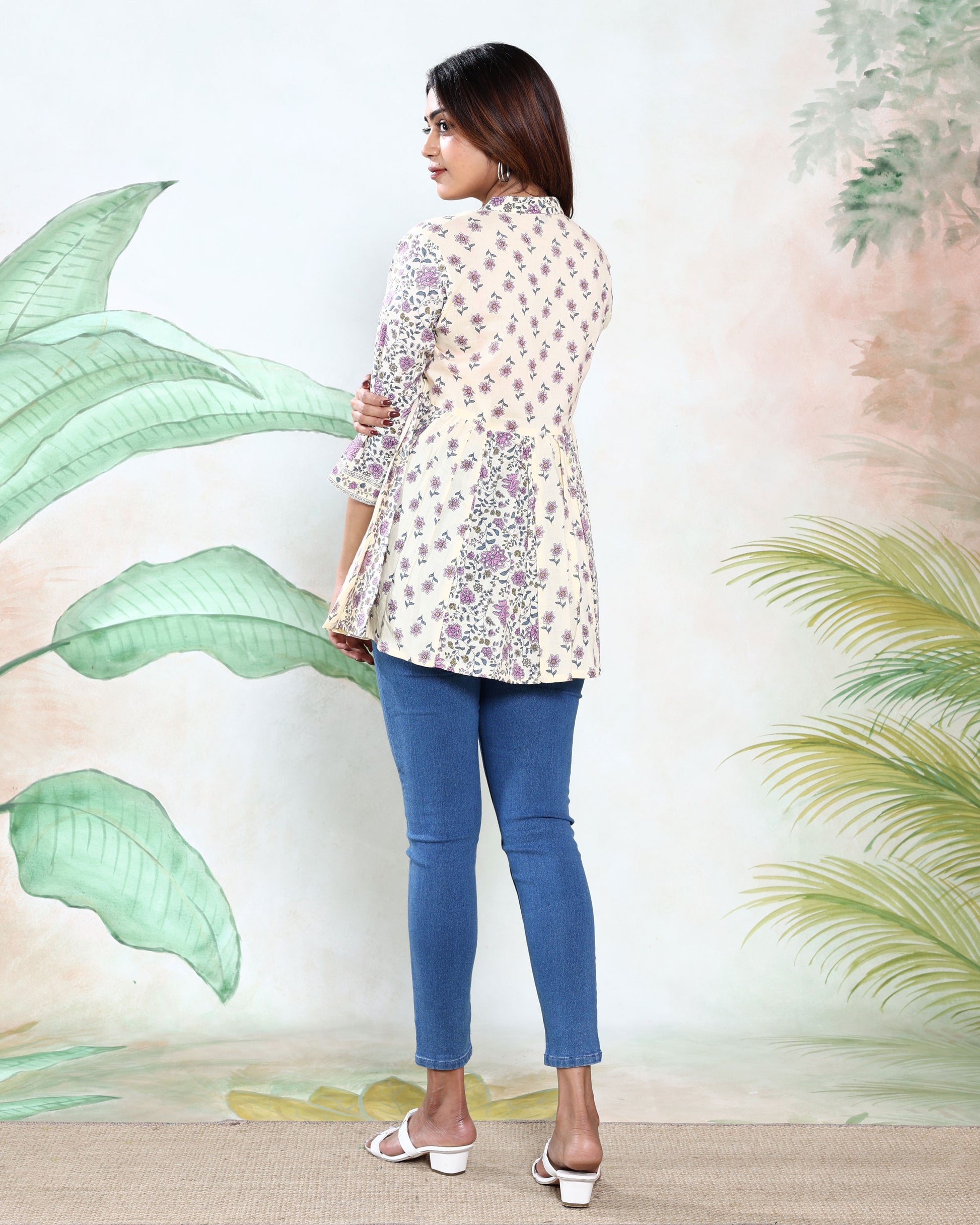 Women’s Leaf Print Collared A-Line Kurti with 3/4th  Sleeves and Button-Down Front, Light Yellow Back View