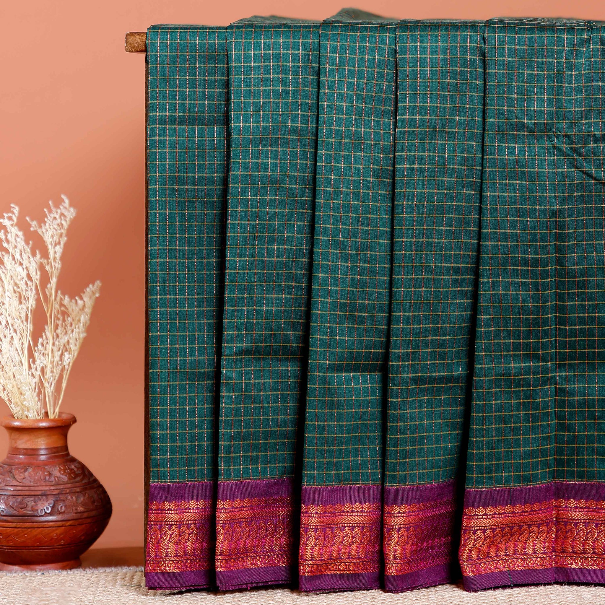 Traditional Kalyani Cotton Saree with All-Over Checks and Ornate Zari Pallu and Border - Dark Green