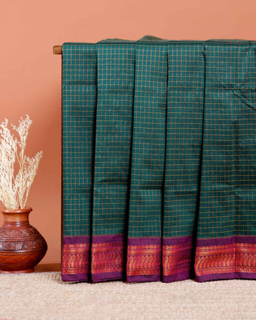 Traditional Kalyani Cotton Saree with All-Over Checks and Ornate Zari Pallu and Border - Dark Green