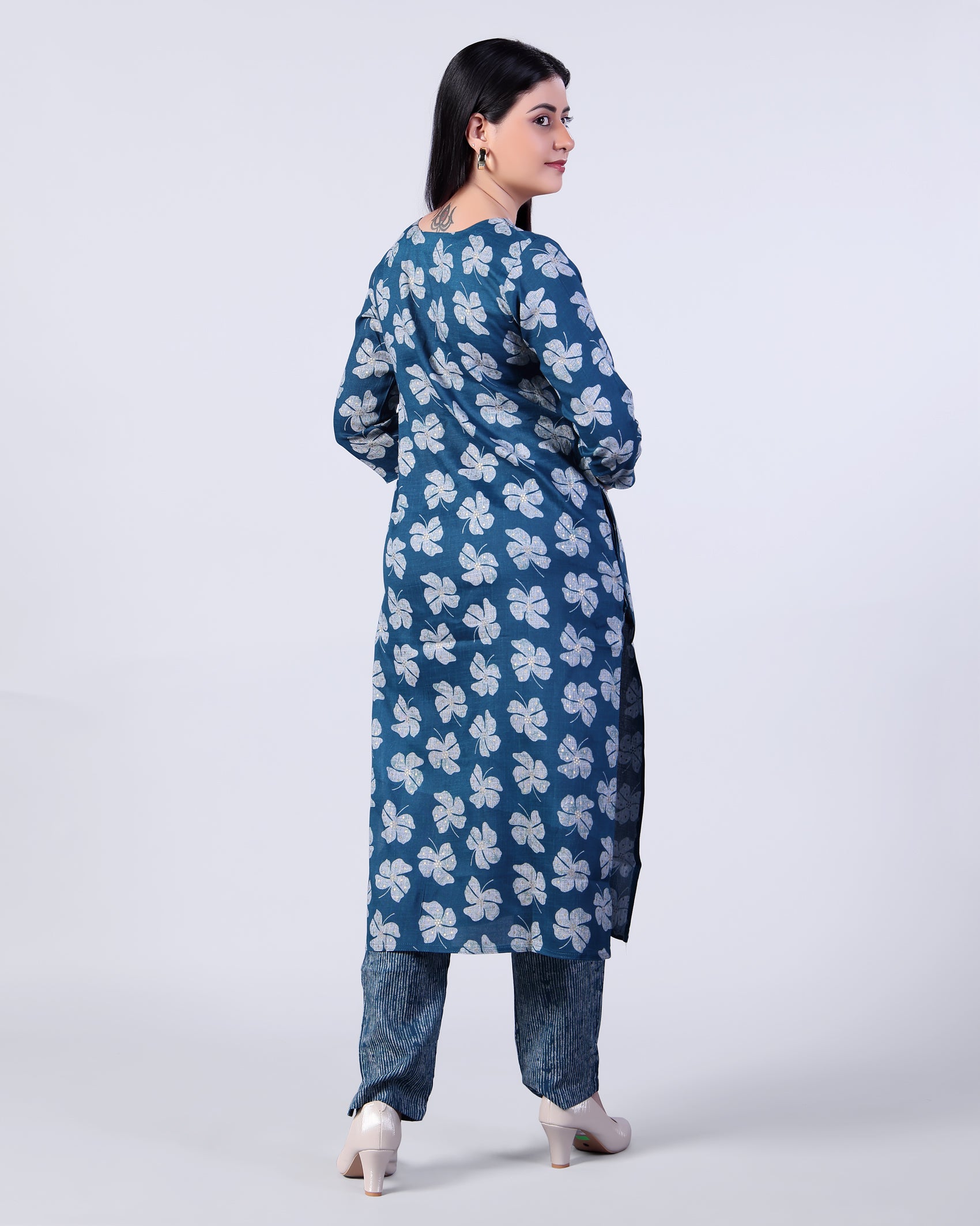 Women's Elegant Floral Print Straight Kurta with Palazzo Set, Teal