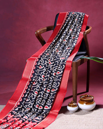 Elegant Dola Silk Saree with Intricate Paisley Vine Motif and Woven Border - Black