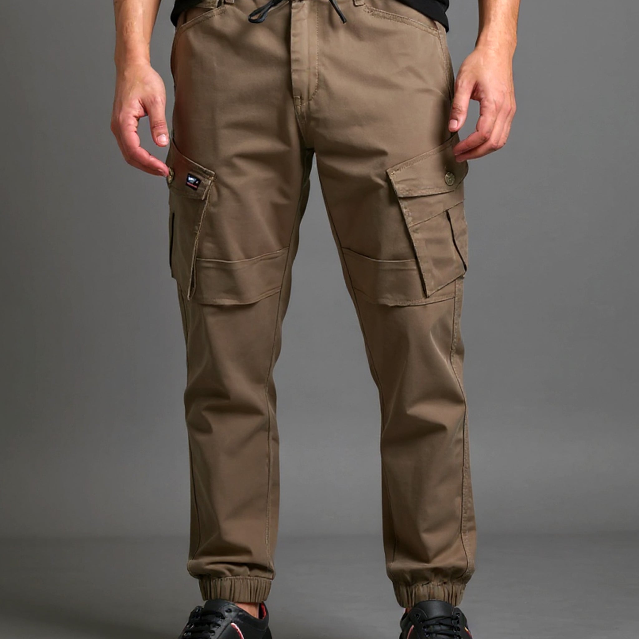 Men’s Tapered Fit Cargo Pant with Drawstring Waist and Multiple Utility Pockets  -  Brown