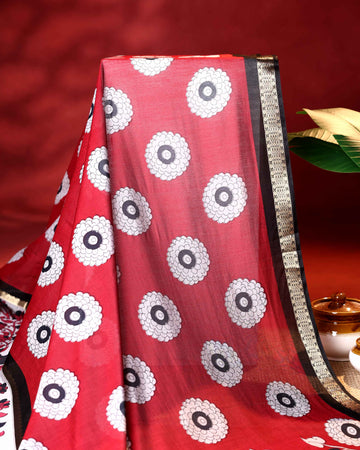 Elegant Semi Chanderi Saree with Floral Motif Print and Contrasting Zari Woven Border - Red