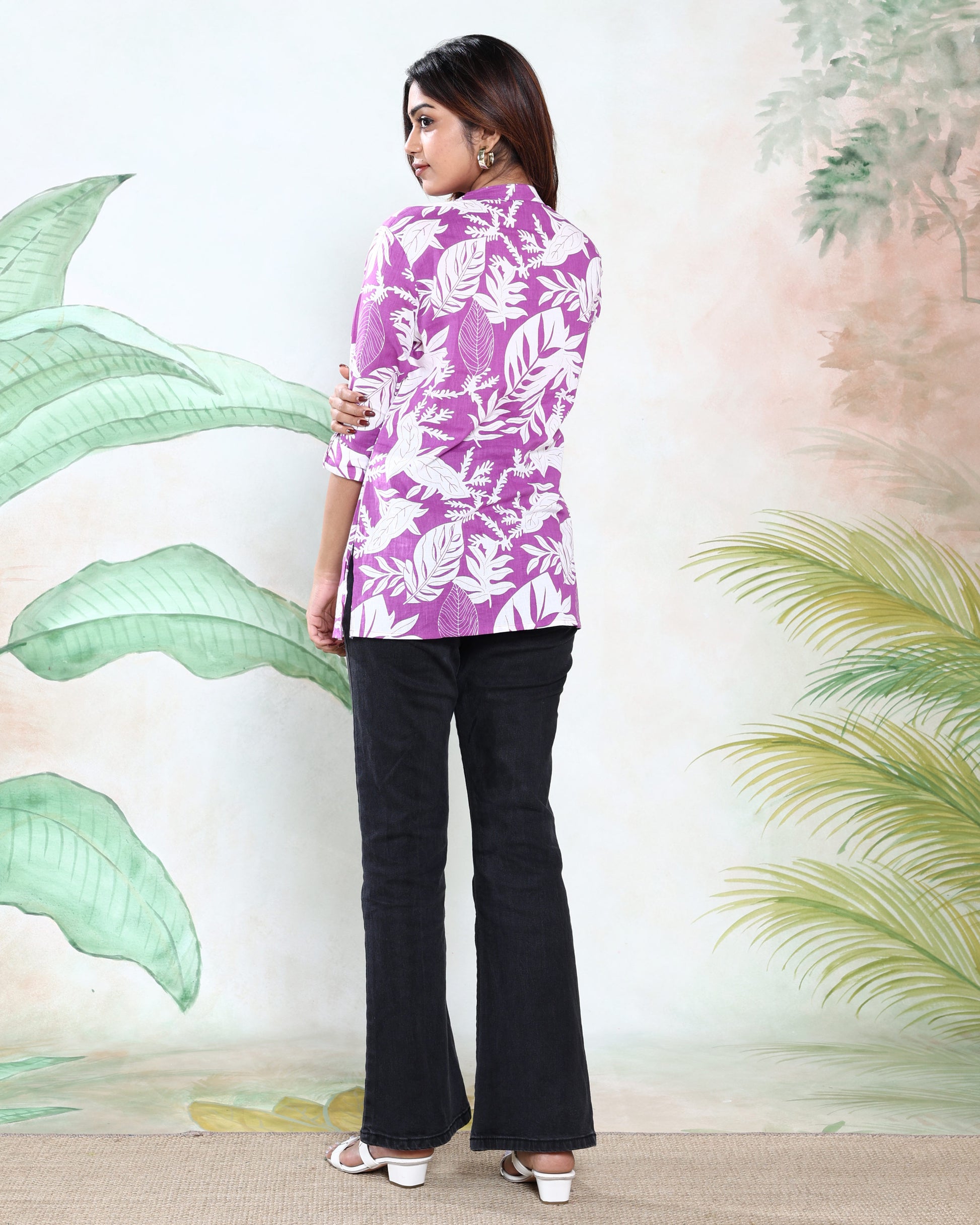 Women’s All-Over Floral Print Kurti with Mandarin Collar 3/4th Sleeves and Flared Hem, Light Purple