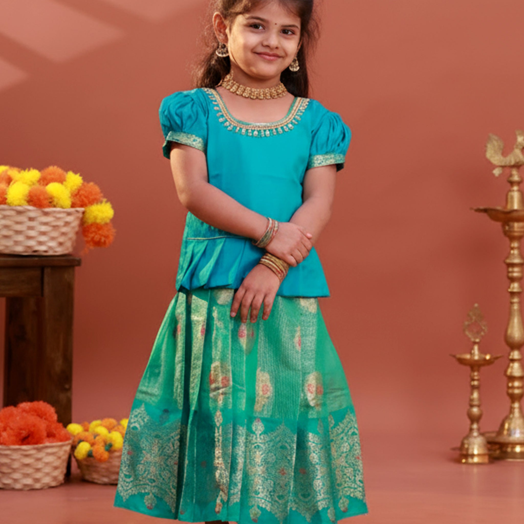 Traditional Kids Readymade Pattu Pavadai Set with Zari Woven Skirt and Embroidered Blouse - Blue