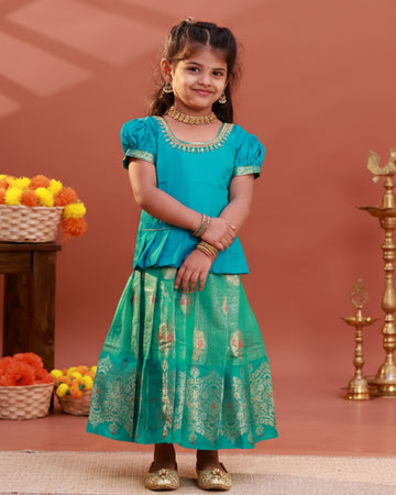 Traditional Kids Readymade Pattu Pavadai Set with Zari Woven Skirt and Embroidered Blouse - Blue