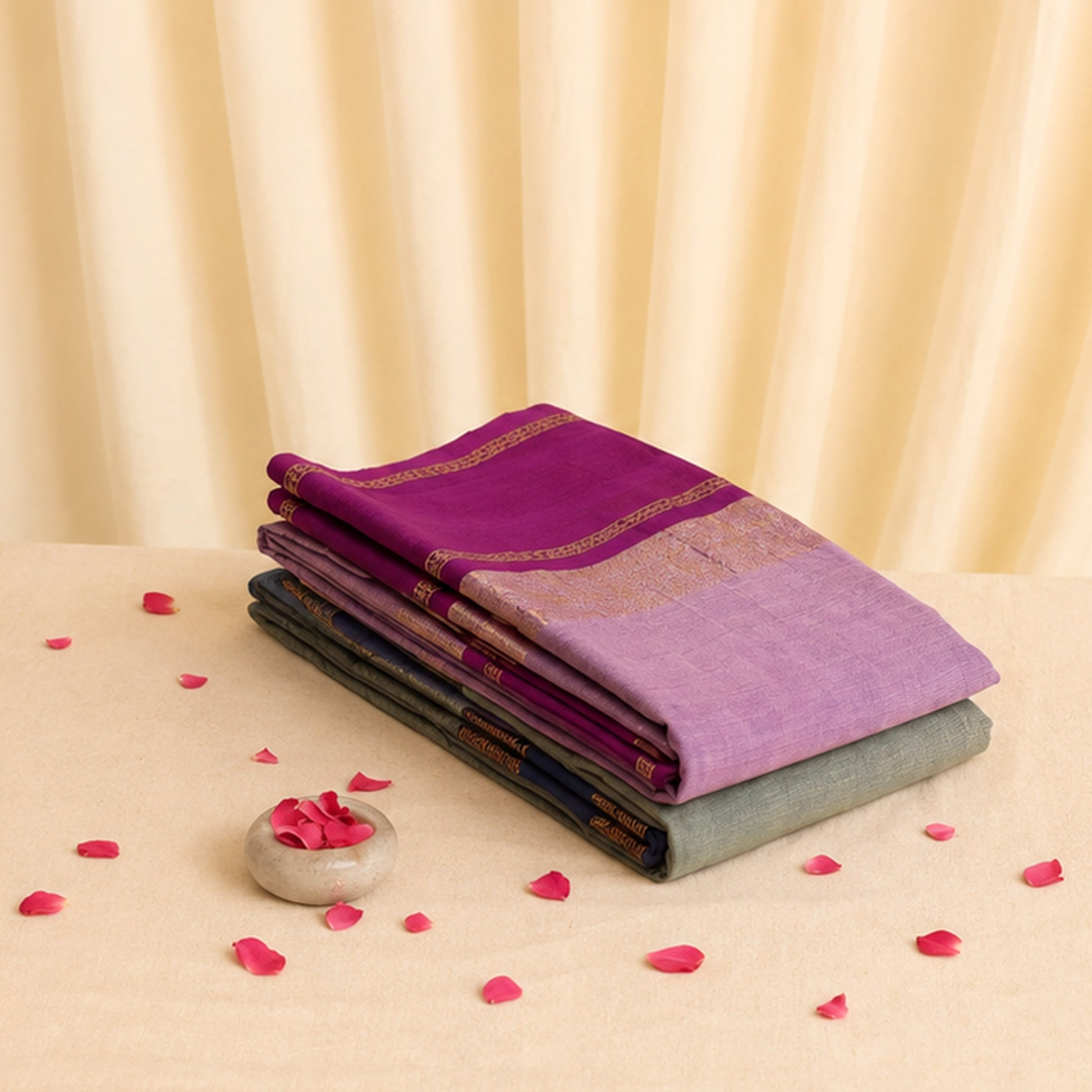 Kanchi cotton saree with zari border in magenta and lavender tones folded stack display front view 