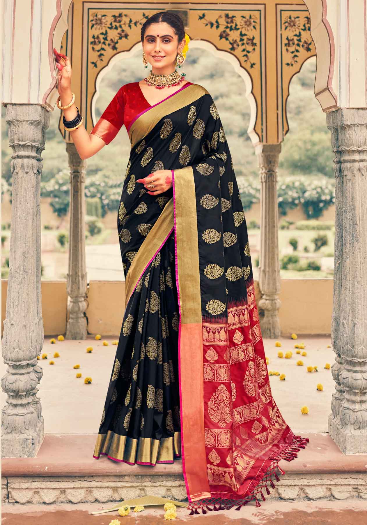 Tissue Saree - Black Red