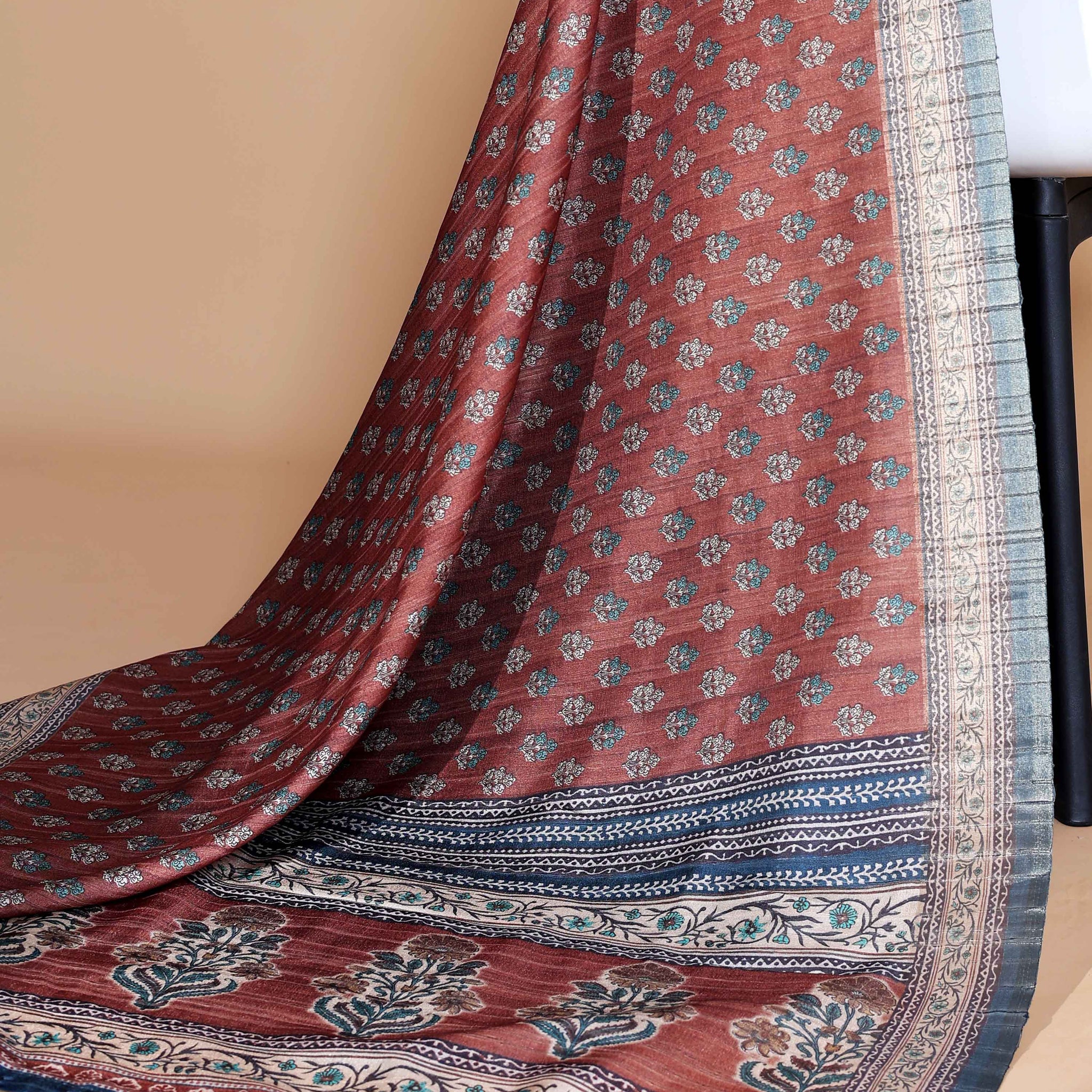 Reddish-Brown Colour Art Silk Saree with Small Floral Buti Weave and Black Border