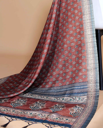 Reddish-Brown Colour Art Silk Saree with Small Floral Buti Weave and Black Border