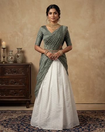 Cotton Semi Stitched Dhavani Set For Women | Festive Wear & Traditional Collection | Jeyachandran - Sage Green & White