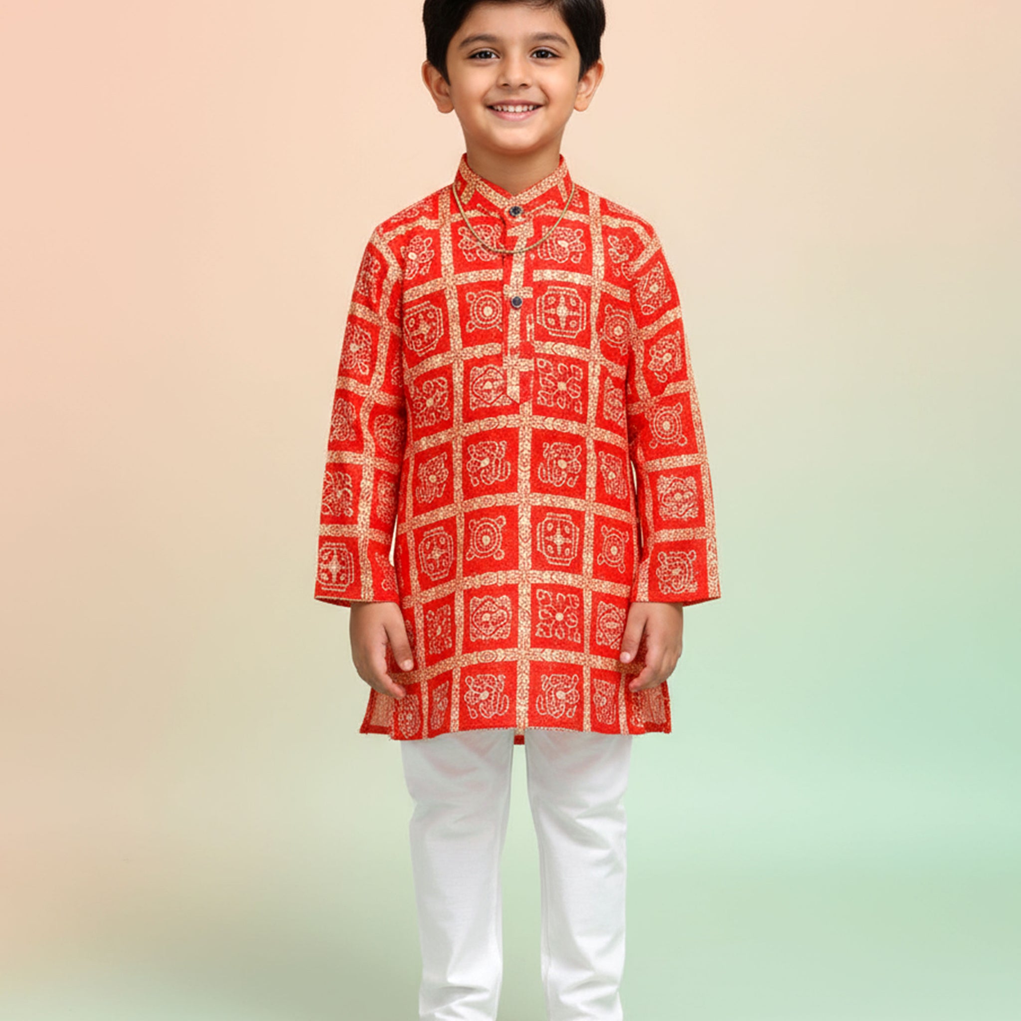 Boys Festive Orange & Gold Brocade Kurta Set with Traditional Mughal Motif Pattern