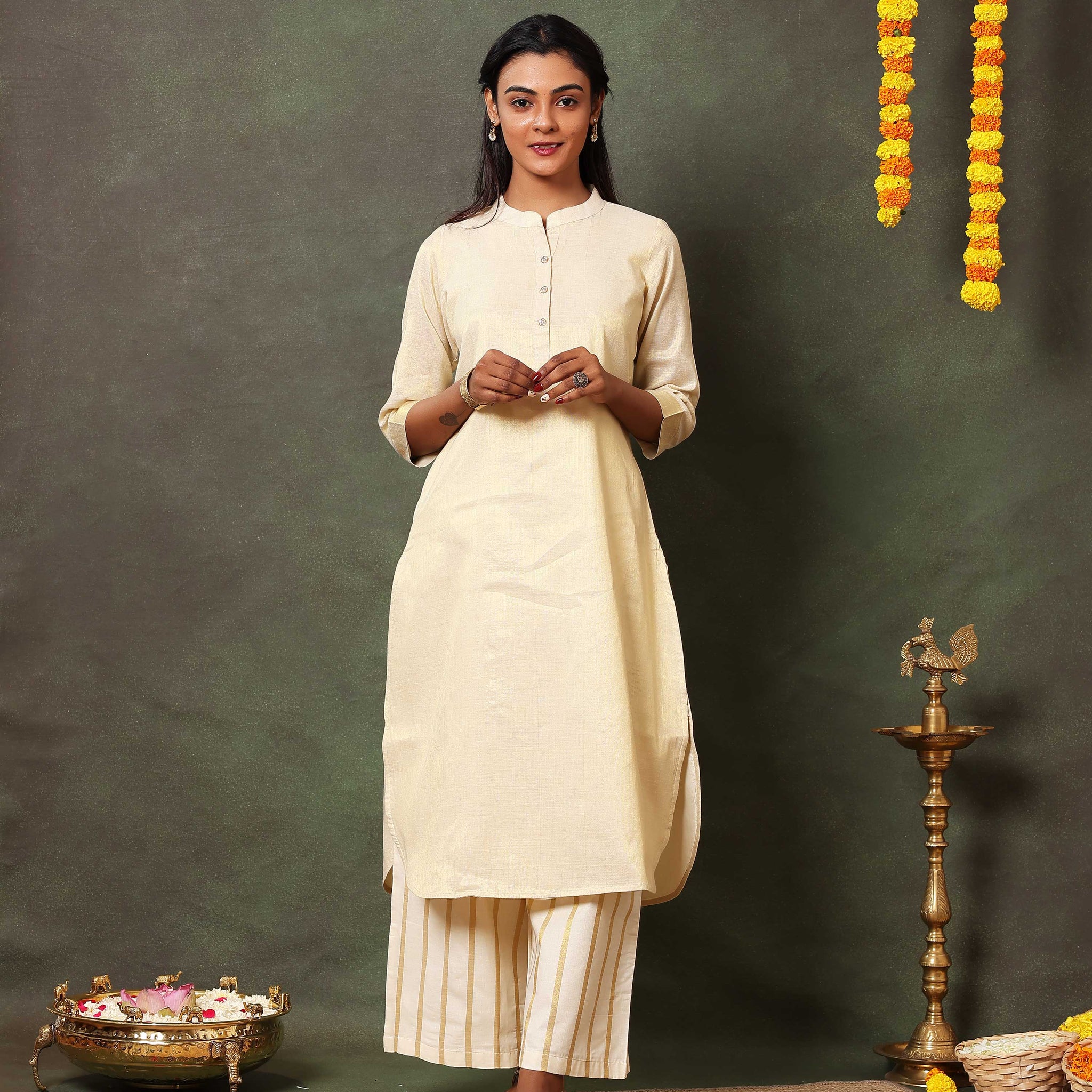 Graceful Women’s Tissue Kurta Set with Straight Pants and Subtle Zari Work- Sandal