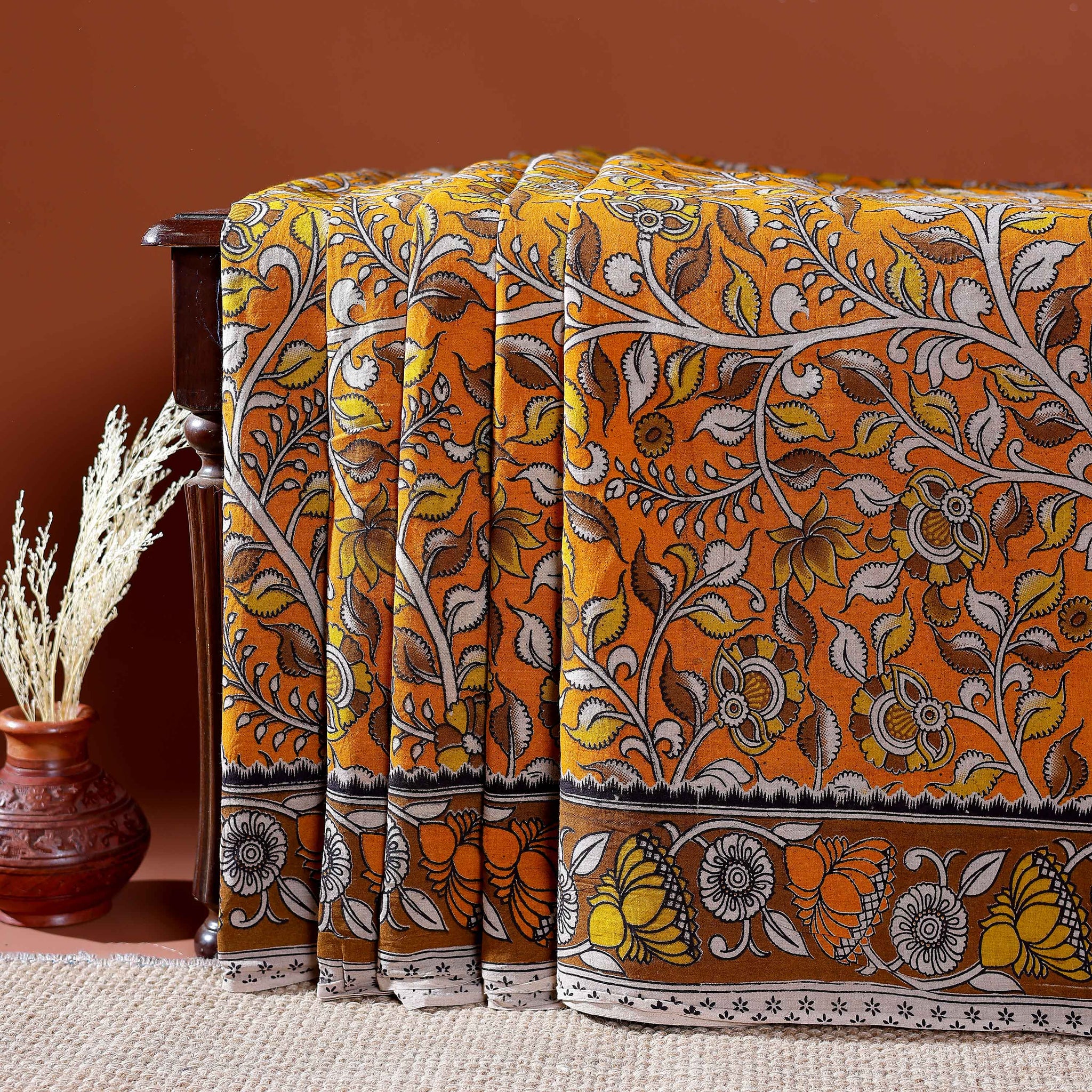 Traditional Handloom Kalamkari Cotton Saree with Intricate Floral and Avian Motifs - Yellow