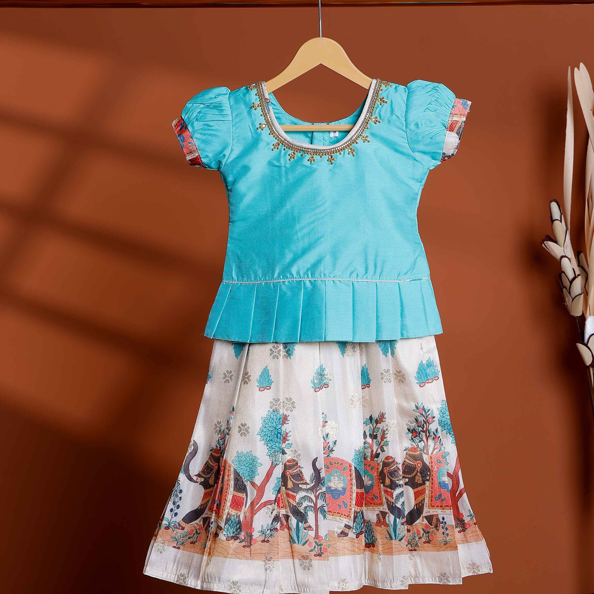 Elegant Traditional Kids Pattu Pavadai with Printed Skirt - Blue