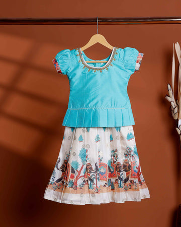 Elegant Traditional Kids Pattu Pavadai with Printed Skirt - Blue