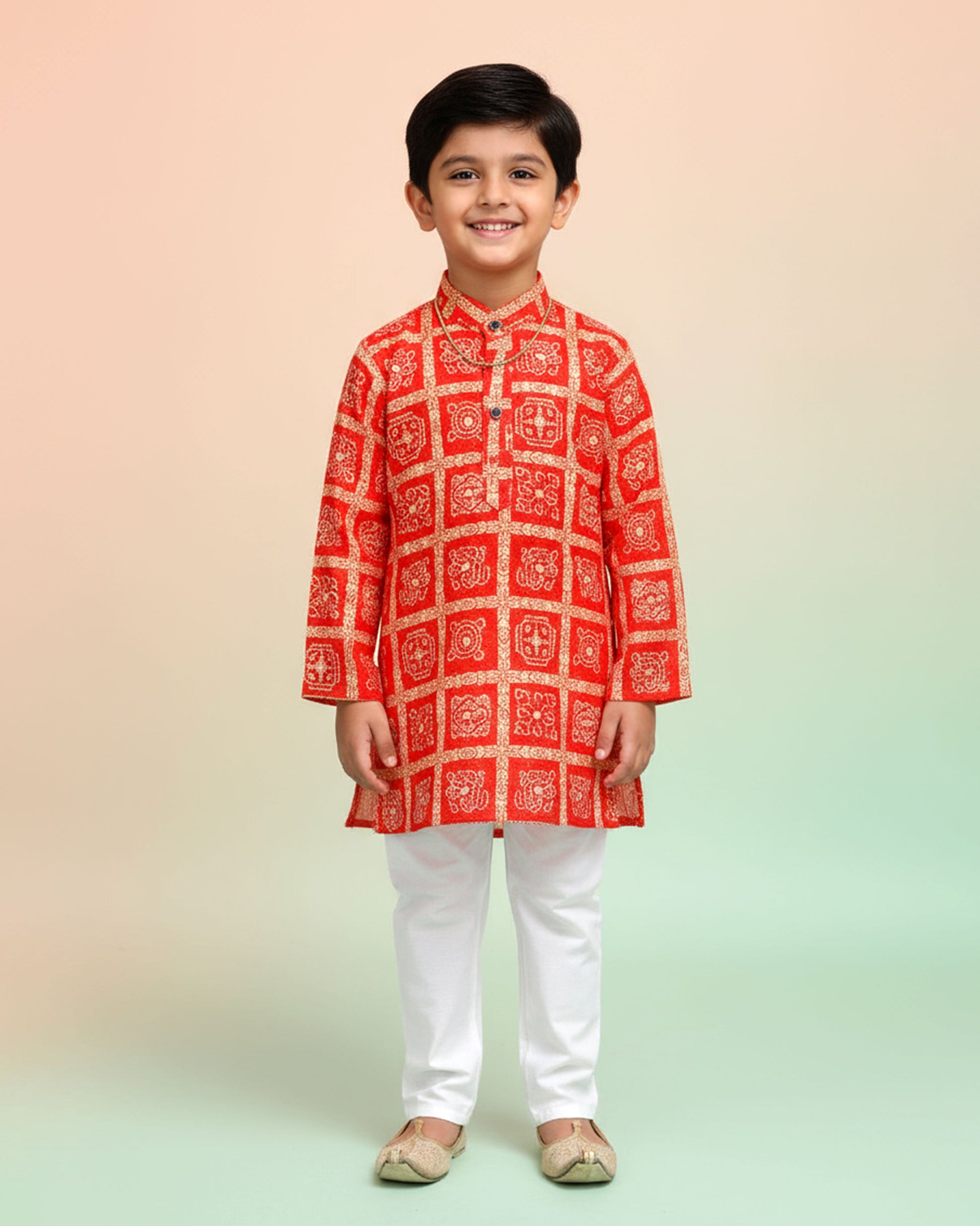 Boys green kurta adorned with traditional Bandhani-inspired patterns in red and gold., Orange