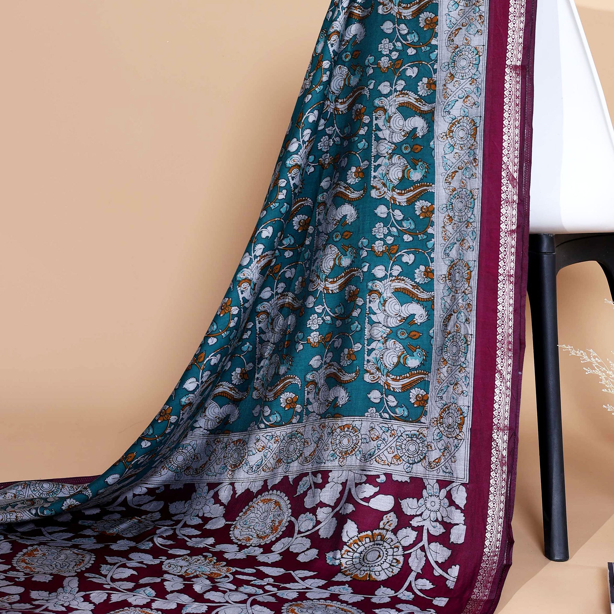 Elegant Semi Chanderi Saree with Traditional Kalamkari Handcrafted Motifs and Intricate Zari Border - Teal