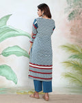 Women's Readymade Straight Kurta Salwar Suit Set With Zigzag And Striped Print, Teal, Back View