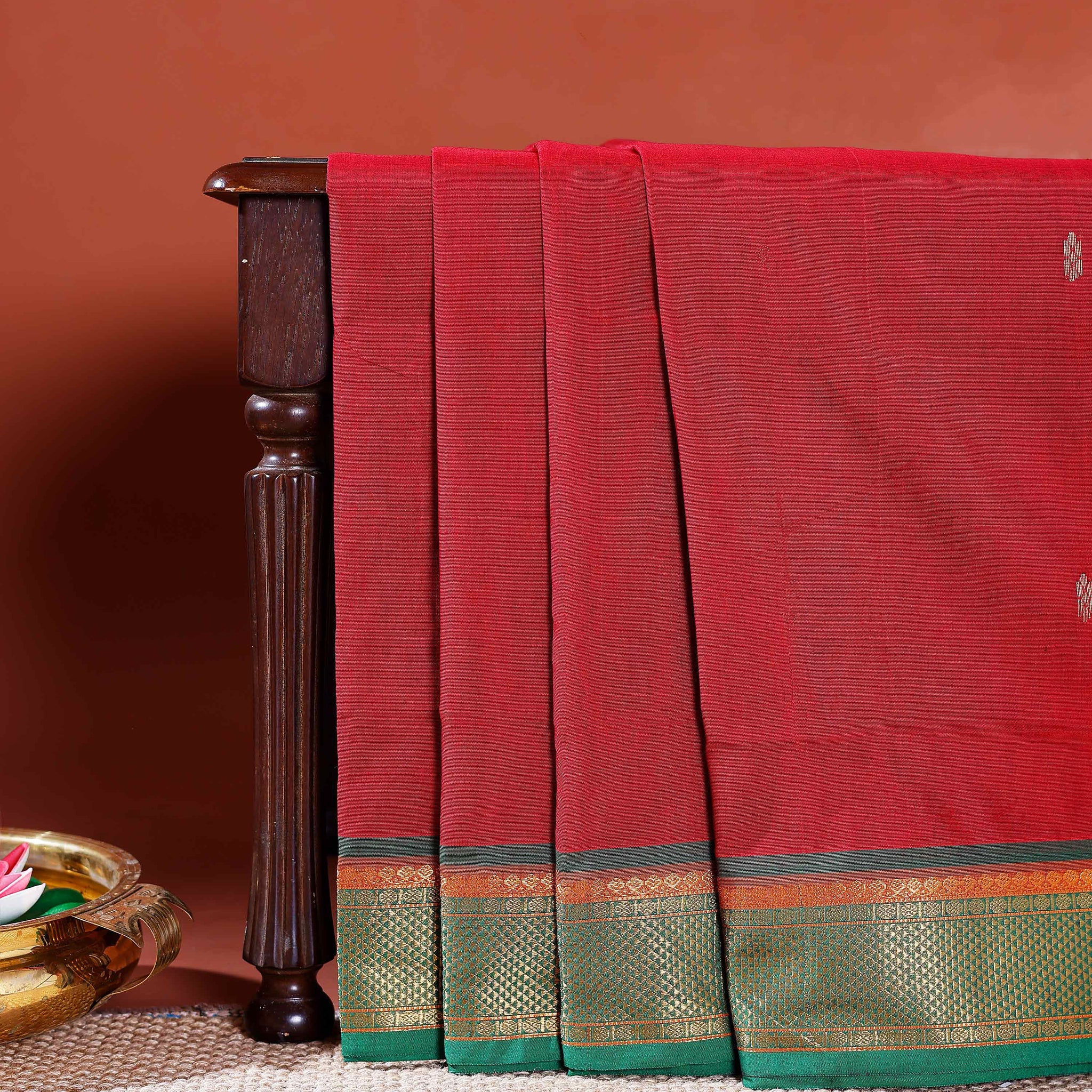 Handloom Chettinad Cotton Saree with Traditional Zari Border and Striped Body - Red