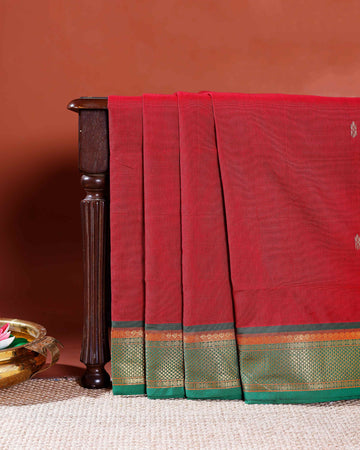 Handloom Chettinad Cotton Saree with Traditional Zari Border and Striped Body - Red