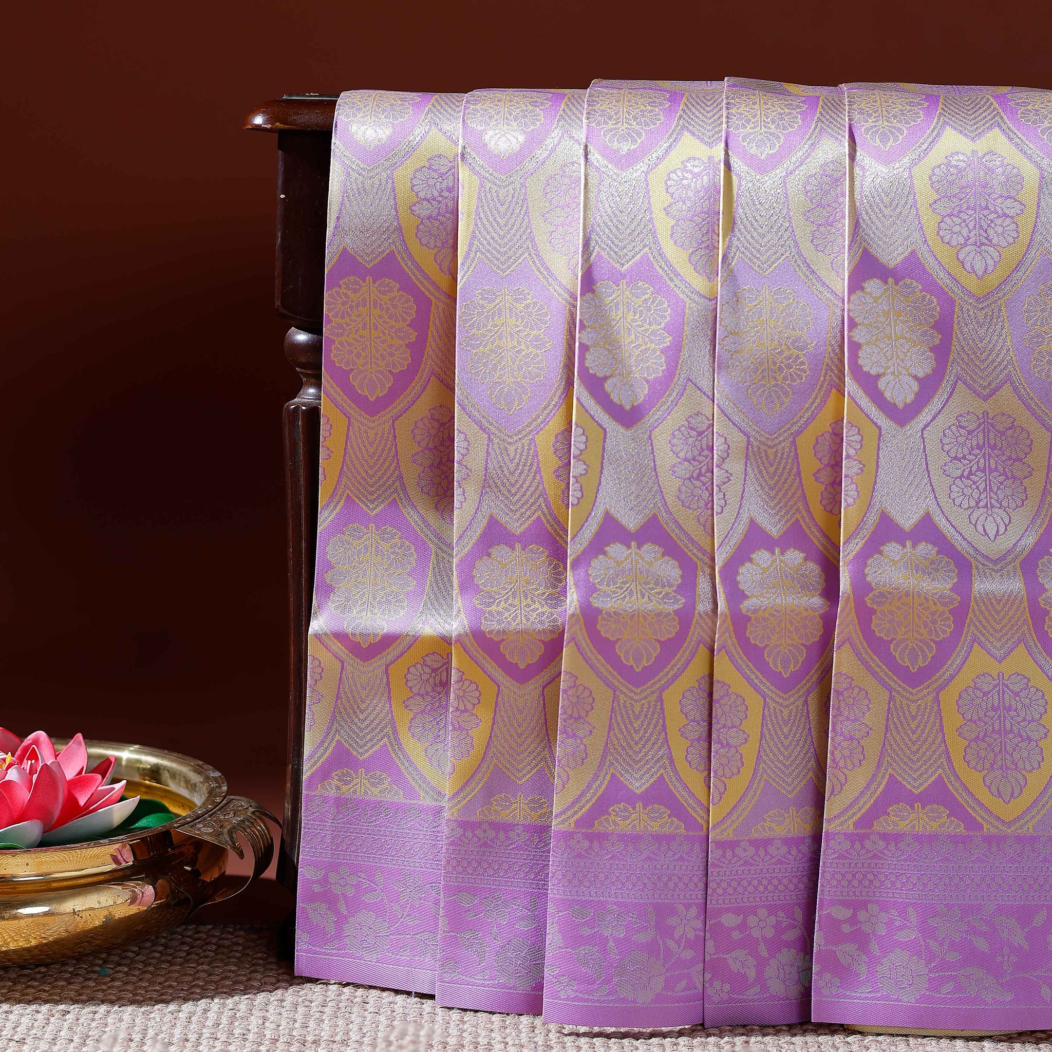 Elegant Litchi Silk Saree with Intricate Zari Weaving and Traditional Motifs  - Lavender