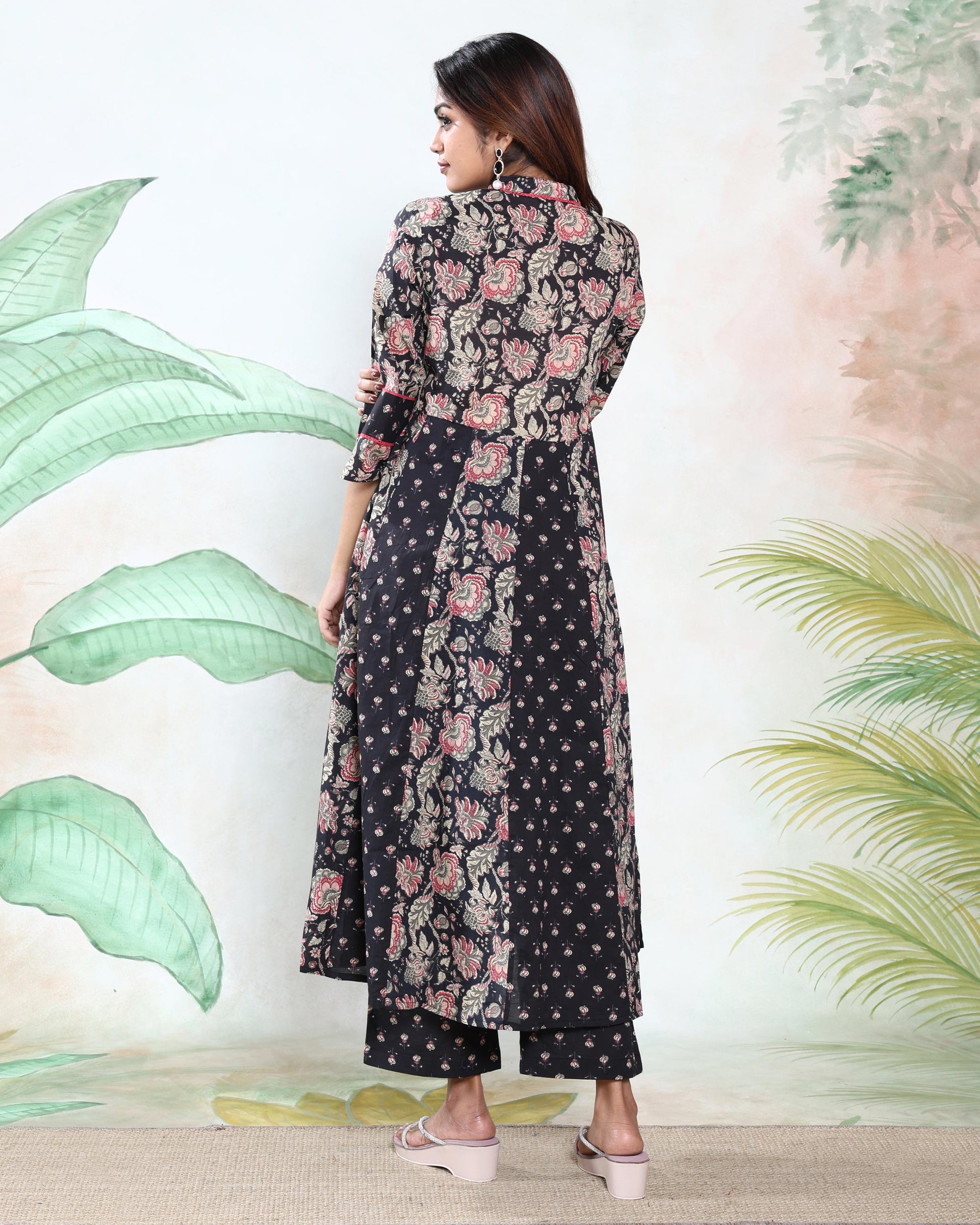 Women’s Floral Printed Readymade Salwar Suit Set with A-Line Kurta Matching Bottom and Designer Dupatta, Black