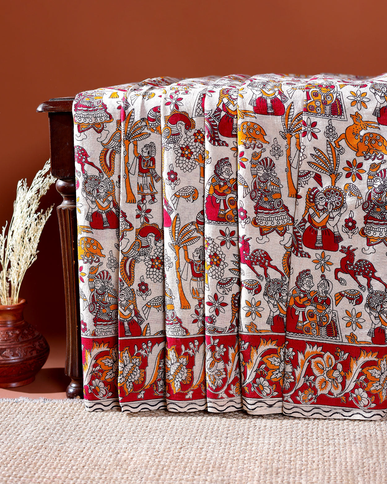 Traditional Handloom Kalamkari Cotton Saree with Intricate Floral and Avian Motifs - Off White