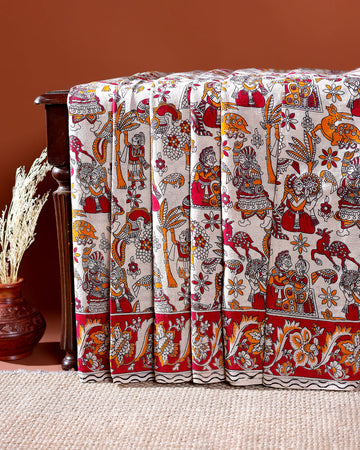 Traditional Handloom Kalamkari Cotton Saree with Intricate Floral and Avian Motifs - Off White