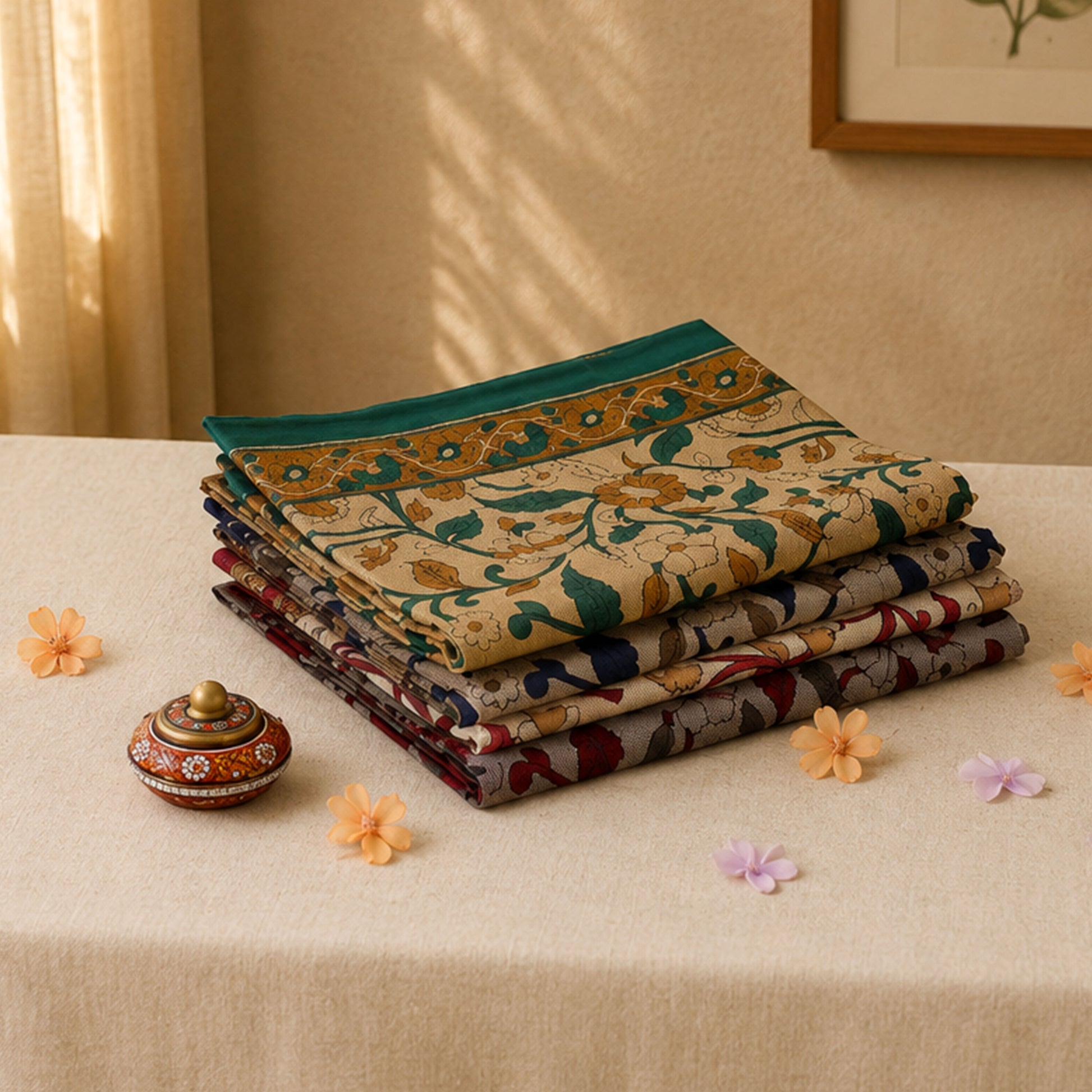 Voile cotton saree with floral block print and teal border multicolor folded stack front close up view on table