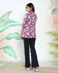 Women’s All-Over Floral Print Kurti with Mandarin Collar 3/4th Sleeves and Flared Hem, Dark Purple Back View