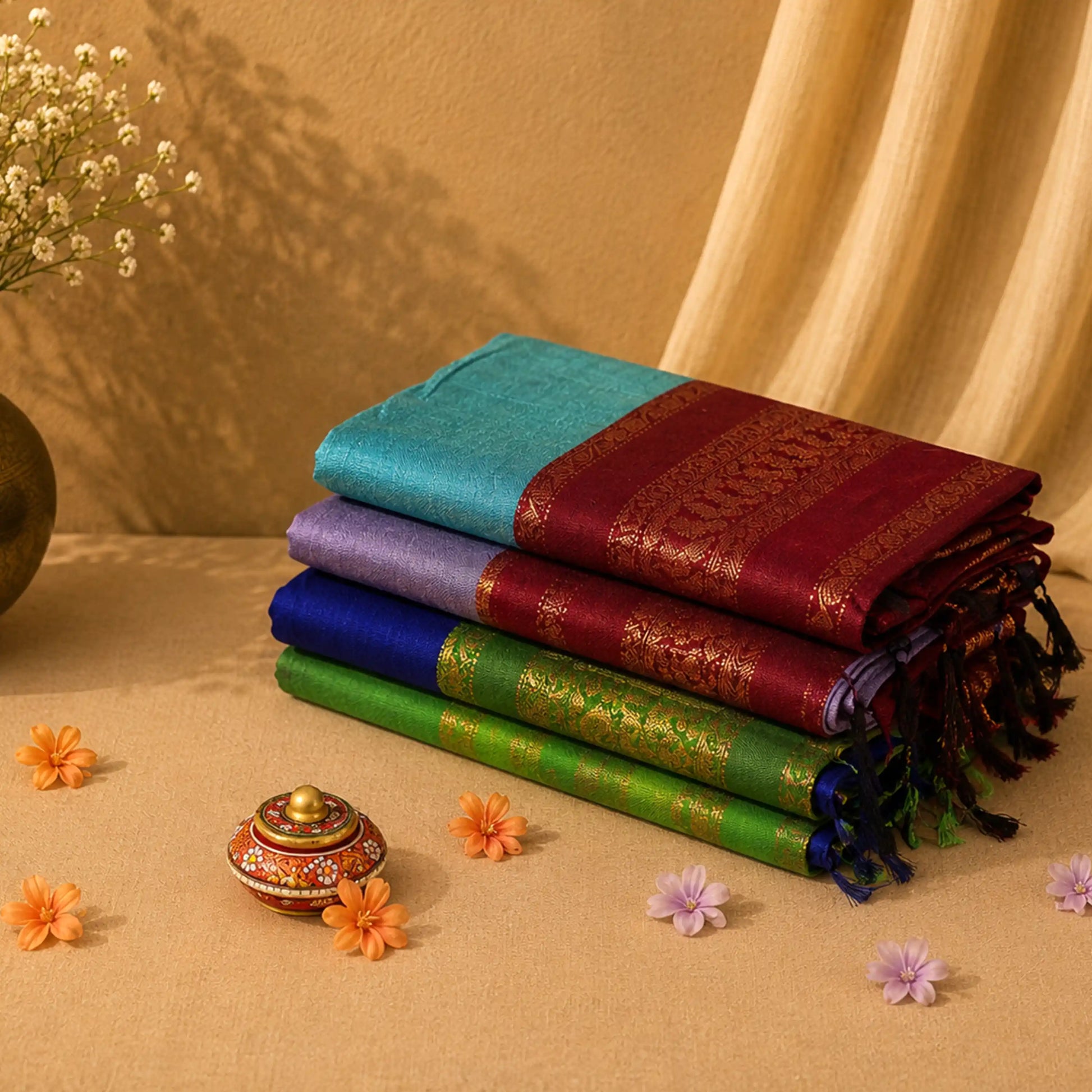 Folded checked cotton sarees in assorted colors with zari woven borders, stacked display