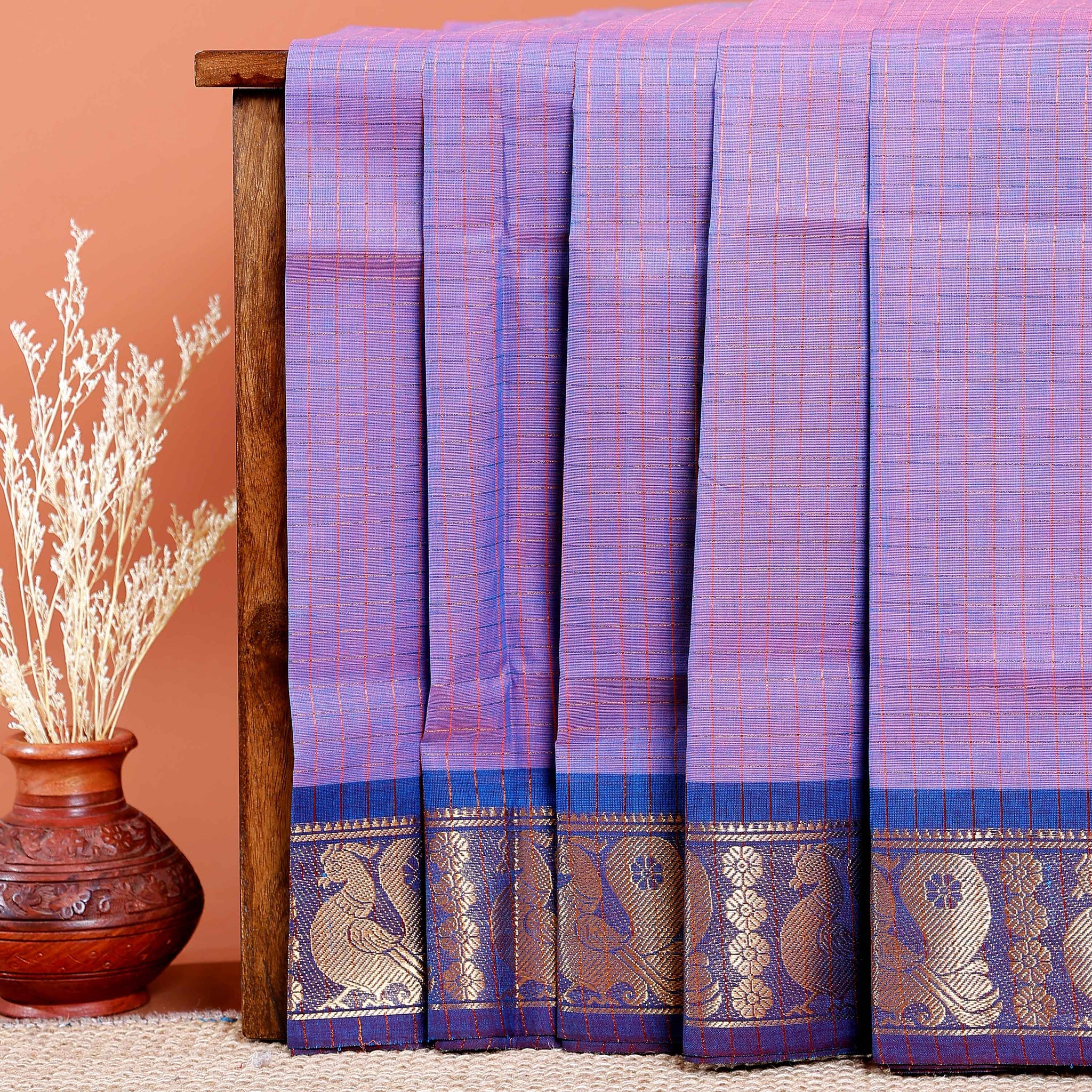 Chettinad Cotton Saree with Fine Checked Weave and Peacock Zari Border - Lavender