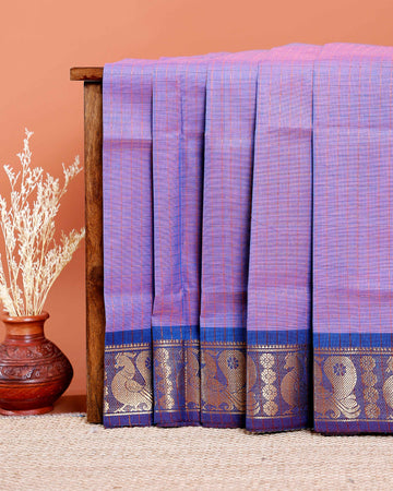 Chettinad Cotton Saree with Fine Checked Weave and Peacock Zari Border - Lavender