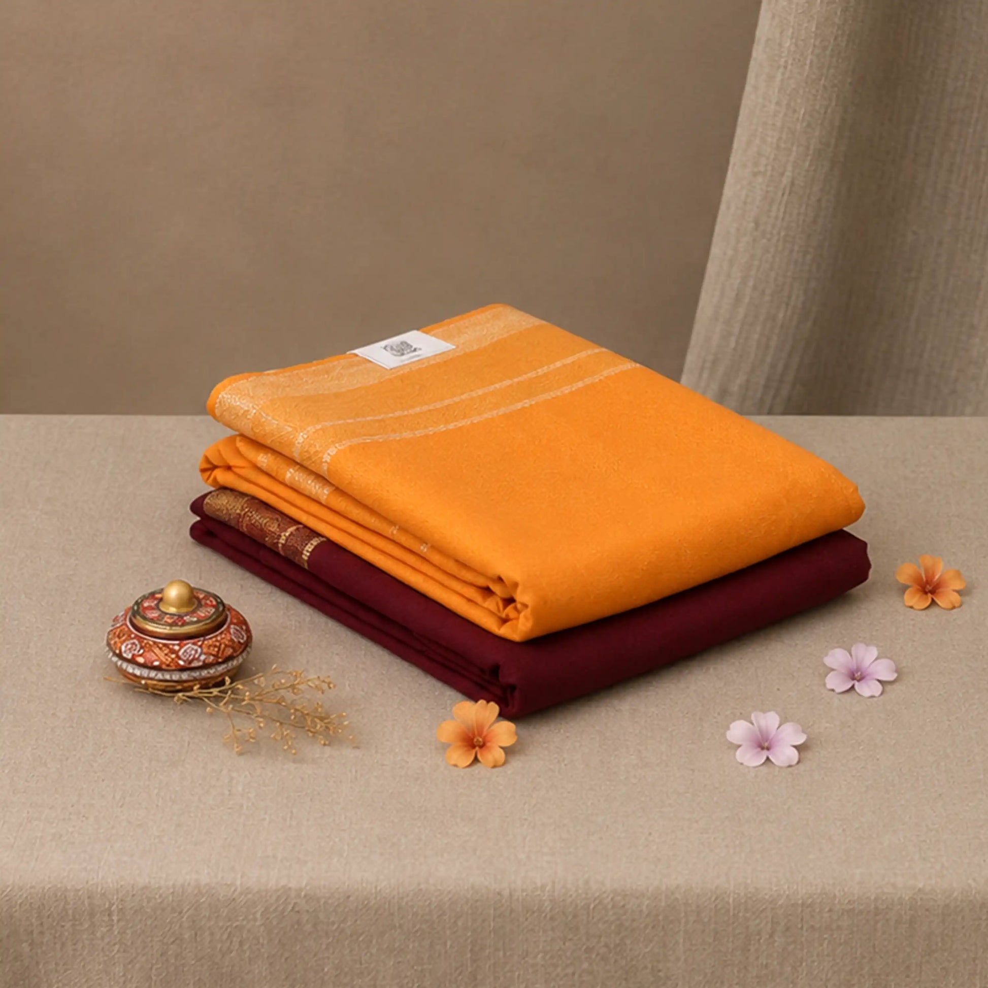 A stack of folded textiles, with the top item being a bright orange saree and the bottom item a deep maroon saree 