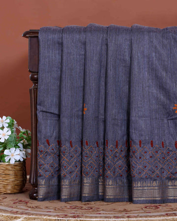 Elegant Kantha Hand Embroidered Saree with Intricate Floral Motif and Contrast Border - Grey