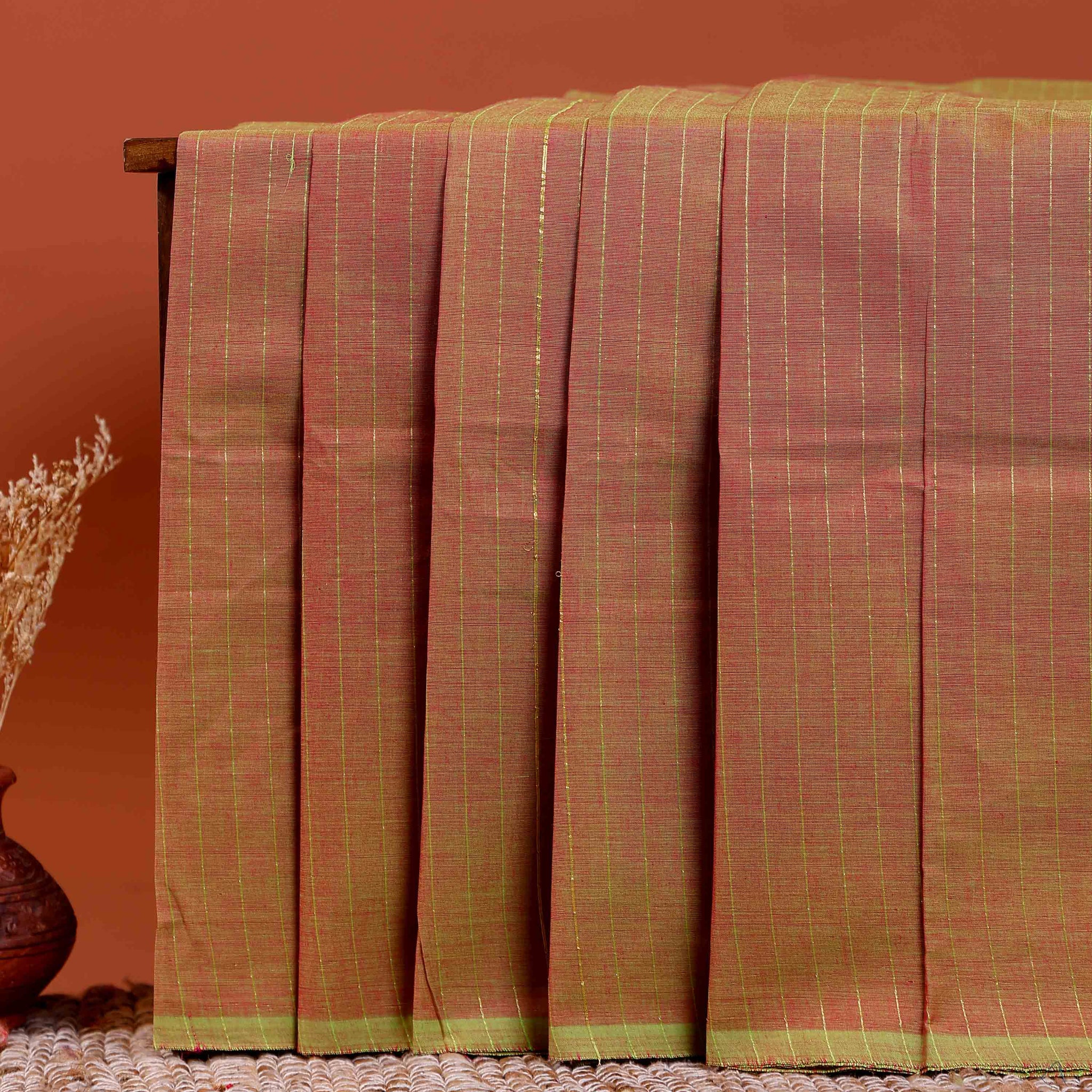 Traditional Chettinad Cotton Saree with Subtle Stripes and Traditional Weave - Reddish-Brown