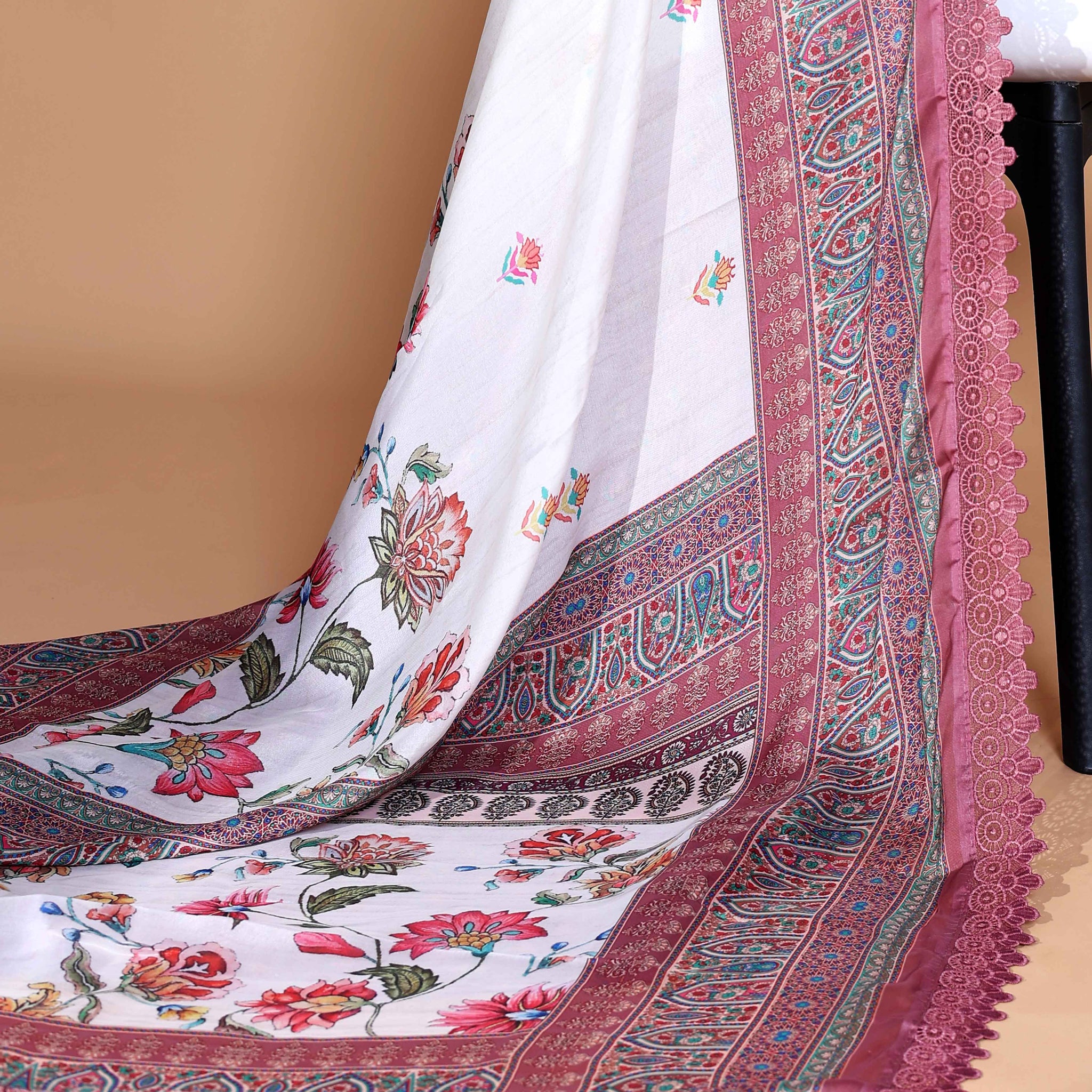 Elegant White Cotton Saree with Multicolour Floral Print