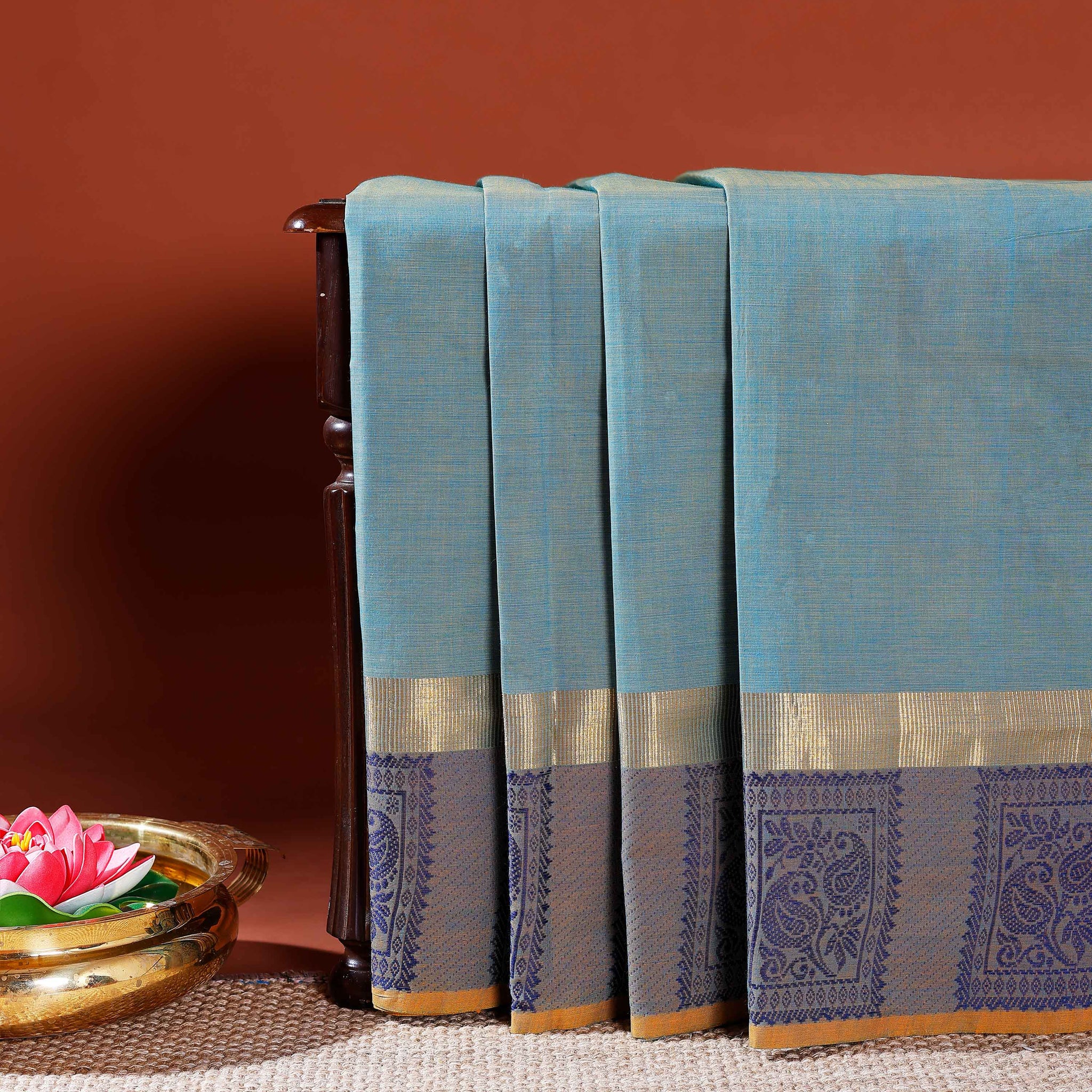 Handwoven Venkatagiri Cotton Saree with Traditional Zari Border and Motifs - Blue