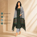 Dark Green Cotton Salwar Material With Grey Contrast Dupatta, Striped Border And Tassel Detail Illustrated Front View