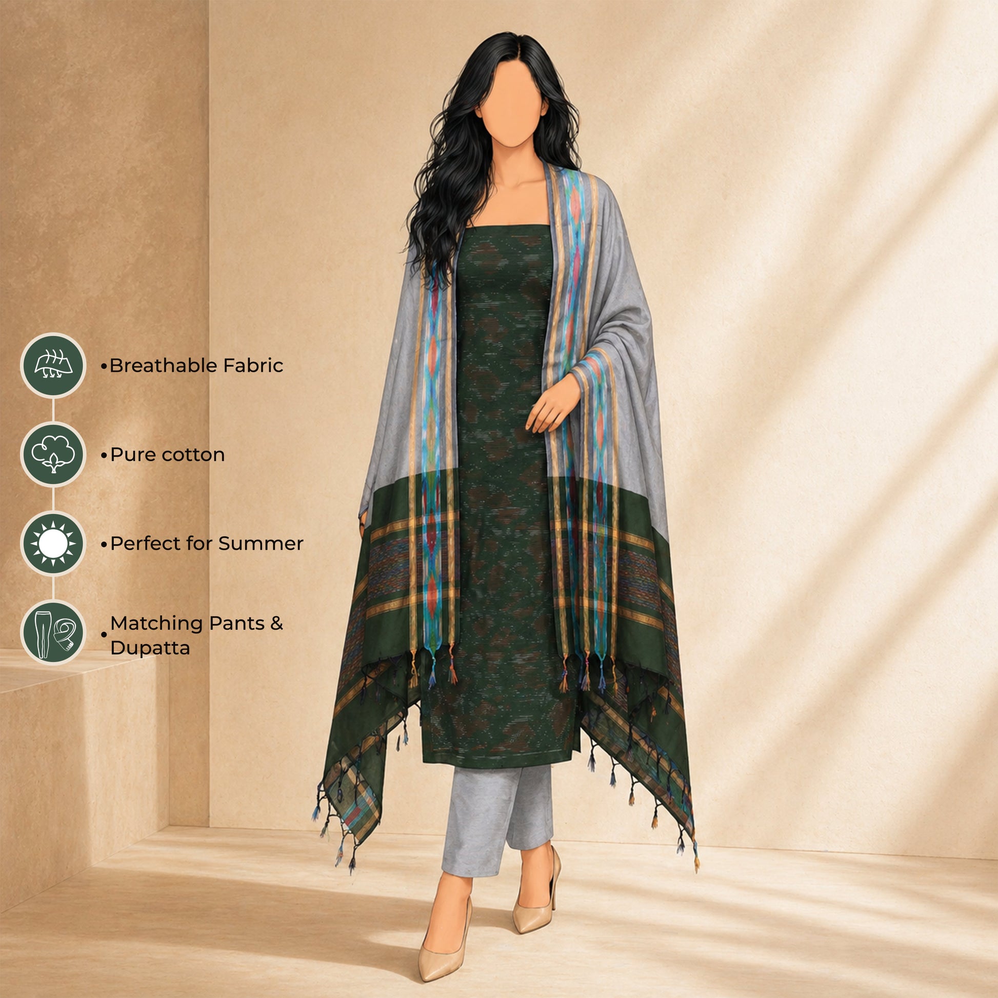 Dark Green Cotton Salwar Material With Grey Contrast Dupatta, Striped Border And Tassel Detail Illustrated Front View