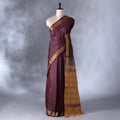 Dark Maroon  Banana Pith Saree with Minimal Butta Motifs & Traditional Zari Woven Border -Full View