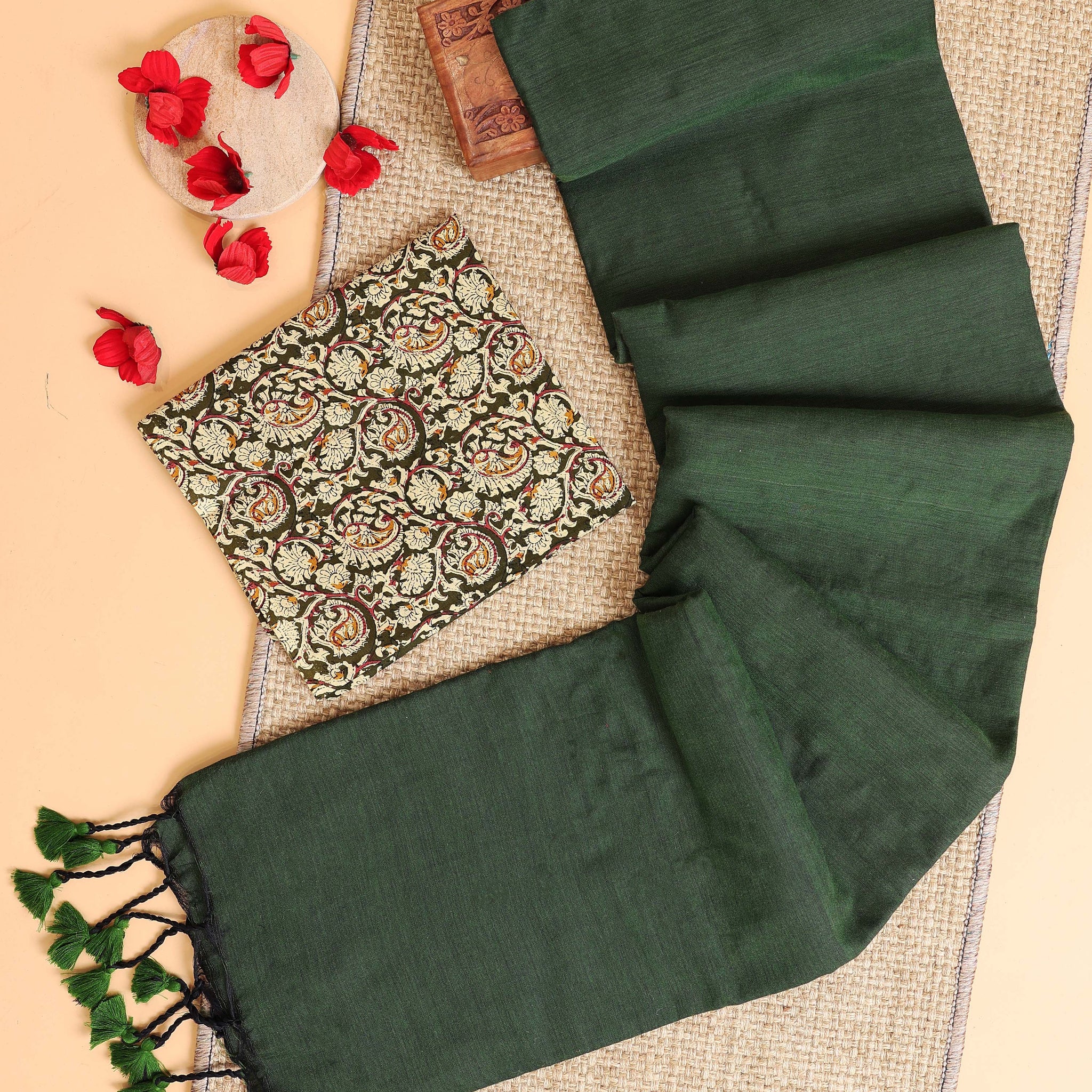 Handwoven Khadi Cotton Saree with Contrast Printed Blouse and Tassel Accents - Green